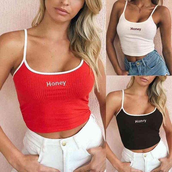 

elastic strap camisole vest fashion low cut elastic strap round neck crop embroidery letter honey print tank top, White