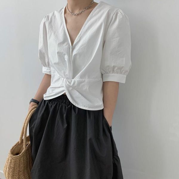 

summer women blouse shirt elegant cotton short sleeve fashion v-neck lady xz819 women's blouses & shirts, White
