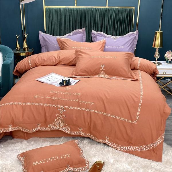 

bedding sets luxury orange 100% egyptian cotton thicken sanding chic embroidery set duvet cover flat/fitted sheet pillowcases
