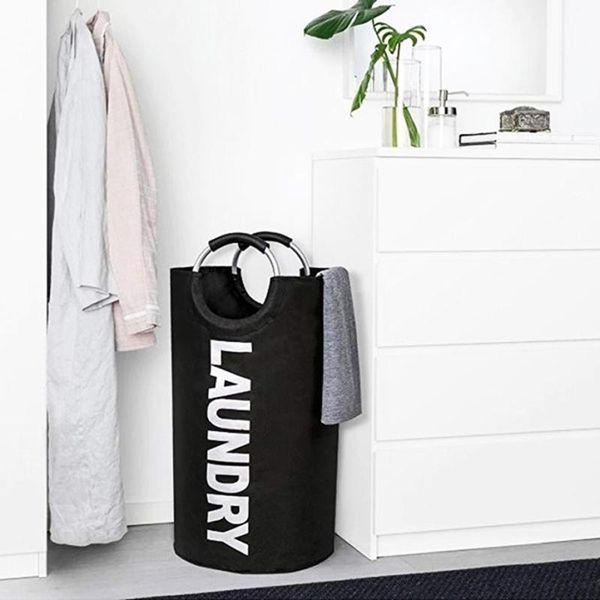 

collapsible laundry basket, portable oxford fabric hamper with metal handles for room college dorms accreeories bags