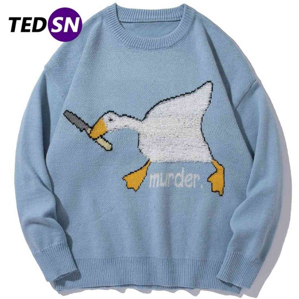 TEDSN Winter Goose Duck Cartoon Stampato Harajuku Stile coreano Uomo Maglione lavorato a maglia Murder Pullover oversize Abbigliamento unisex 211101