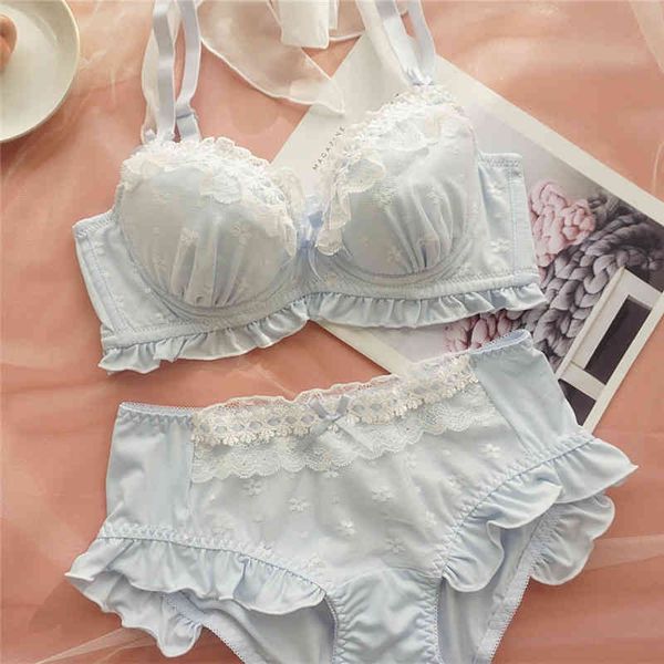 

kawaii lolita underwear seamless lingerie blue push up bra and panty set for women girls ruffles sweet cute plus size briefs, Red;black