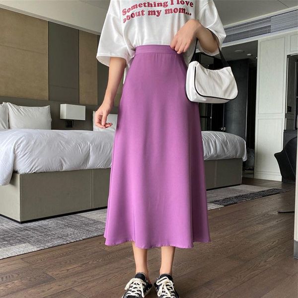 

skirts 2021 summer high-waisted chiffon skirt female korean version mid-calf solid color a-line elastic waist long women, Black