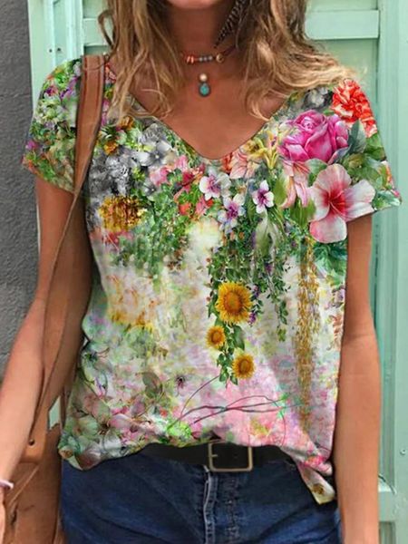 

women's t-shirt 2021 colorful flower ink painting v-neck short sleeve, White