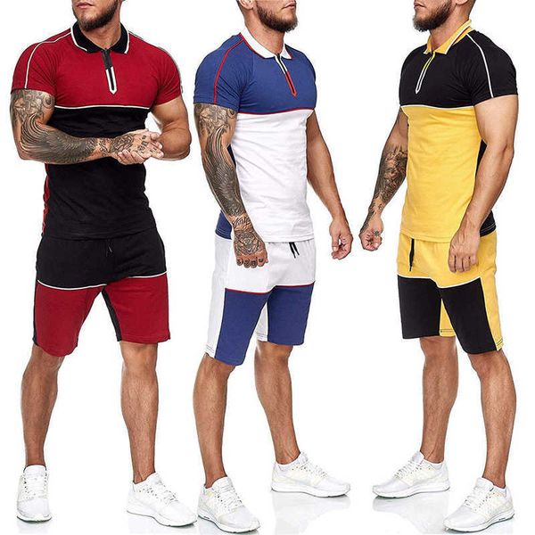 Sommer Herren Casual Shorts Sets Farbabstimmung Spleißen Poloshirt Kurzarm Männer Trainingsanzug Set Sport Shorts Anzug Mann Kleidung X0909