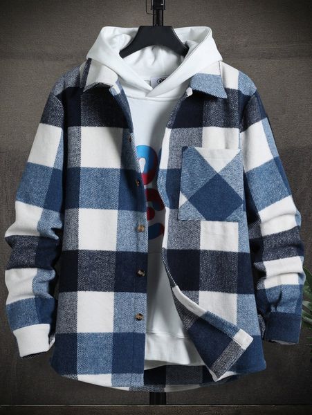 

men buffalo plaid patched pocket overcoat without hoodie d67s#, Black;brown