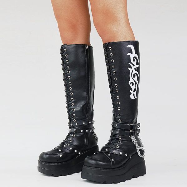 

boots sarairis plus size 43 zipper gothic style knee-high women shoes metal decoration high heels motorcycle fashion, Black