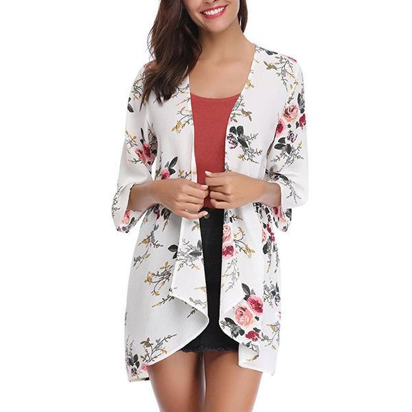 

chiffon shirt women blouse summer blusas fashion cardigan print casual chemise femme elegant five-point sleeve women's blouses & shirt, White