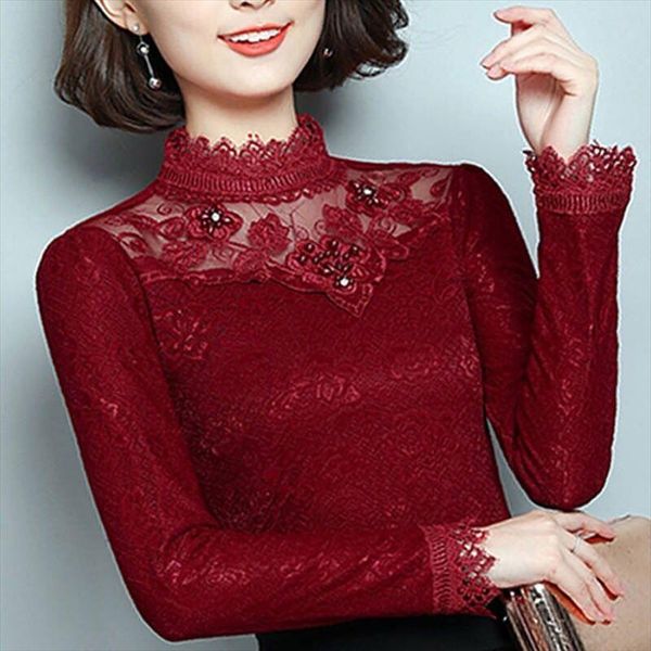 

spring autumn style lace womens blouses hollow out solid color long sleeve turtleneck elegant slim dd9084, White