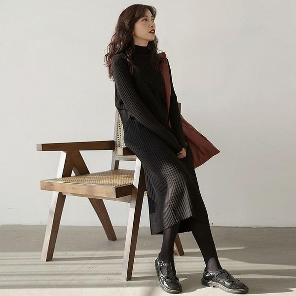 

casual dresses women's knitted dress autumn loose straight thickened mid-length bottoming sweater turtleneck vestidos de mujer, Black;gray