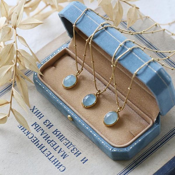 

chokers statement blue ellipse aquamarine pendant necklace for women 18k gold plated stainless steel choker, Golden;silver