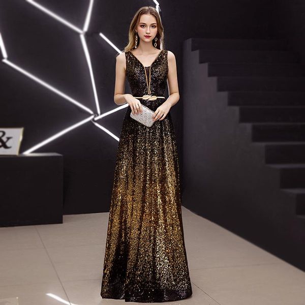 

party dresses 2021 fashion gradient sequined evening dress v-neck sleeveless prom gowns long perspective dresse robe de soriee, White;black
