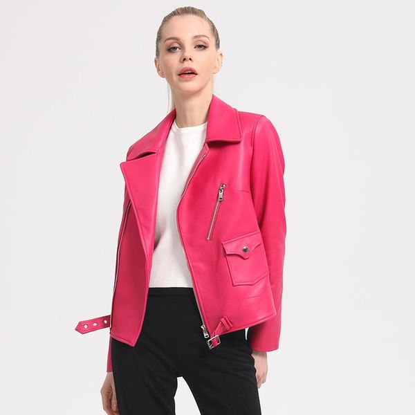 

women's leather & faux shzq 2021 spring and autumn coat short slim pink sheepskin locomotive small jacket lapel, Black