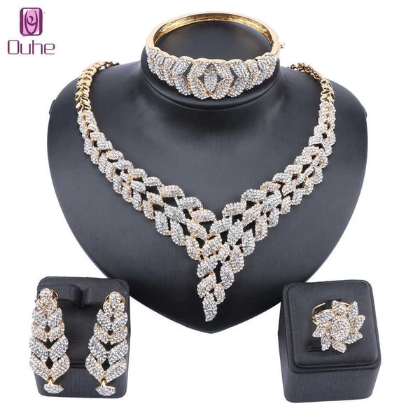 

dubai gold color crystal jewelry sets bridal accessories nigerian wedding necklace earring bangle ring jewelry set h1022, Silver