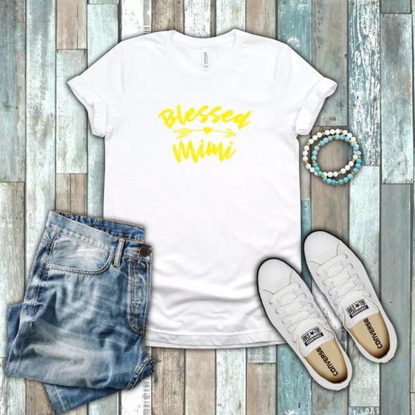 

blessed mimi grandma love family gift yellow white cotton t-shirt, White;black
