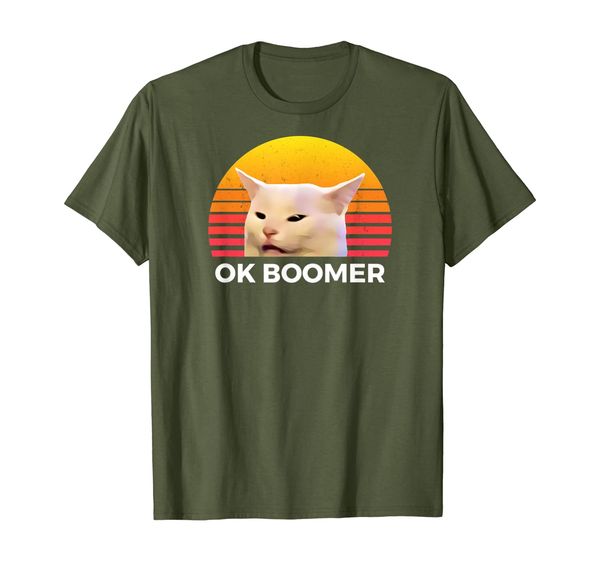 

woman yelling at table dinner funny cat ok boomer t-shirt, White;black