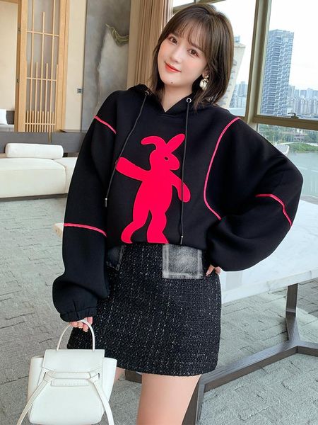 

printing line loose hooded hitting scene draw string female autumn fund plus sizes large size women's two piece pants, White