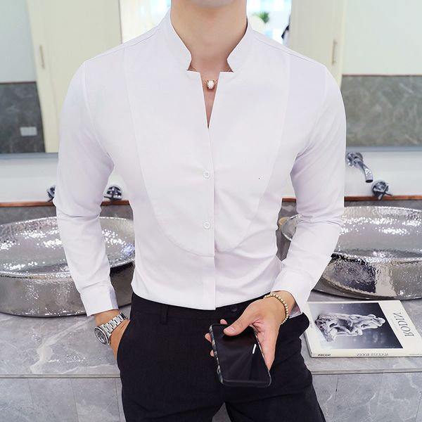 

men's casual shirts white shirt for men with v-neck, slim el, waiter, night job, solid color, 4g37, White;black