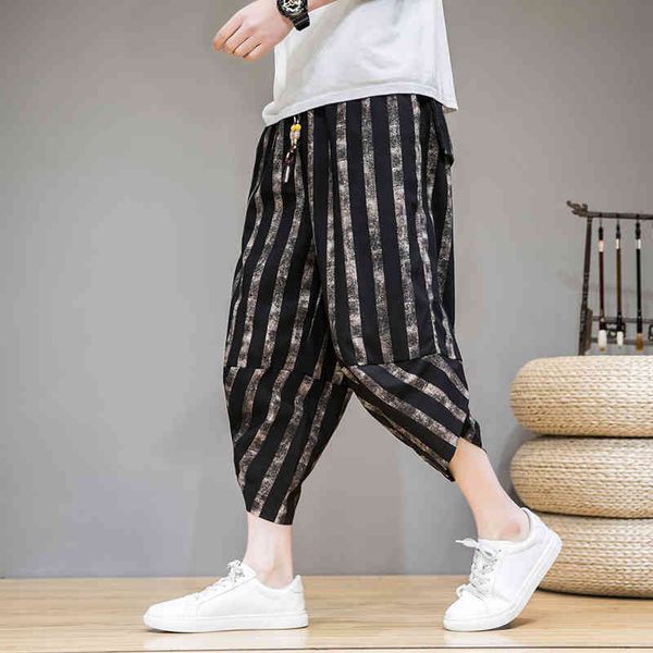 

men's pants calf-length cotton joggers striped loose streetwear harem trousers 5xl hip hop spring autumn dt7m, Black