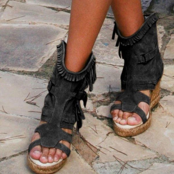 

retro female vintage fringe casual summer sandals open toe platform flock women high wedges shoes woman, Black