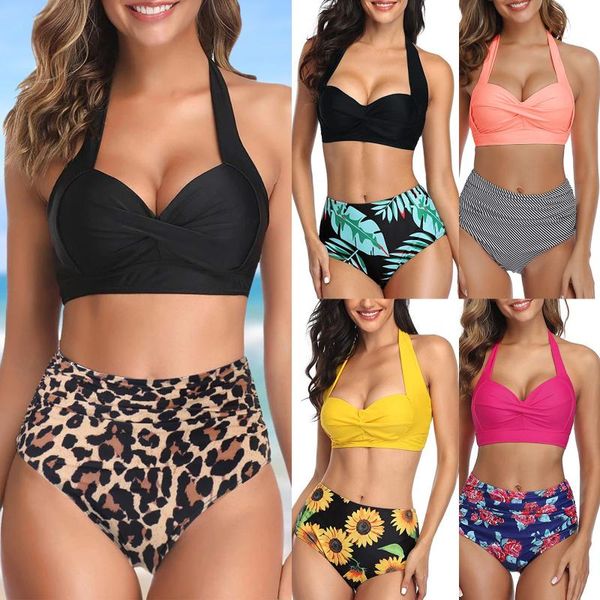 

women's swimwear swimsuit swimsuits bikiniswomen vintage two piece retro halter ruched high waist print bikini set viquinis, White;black