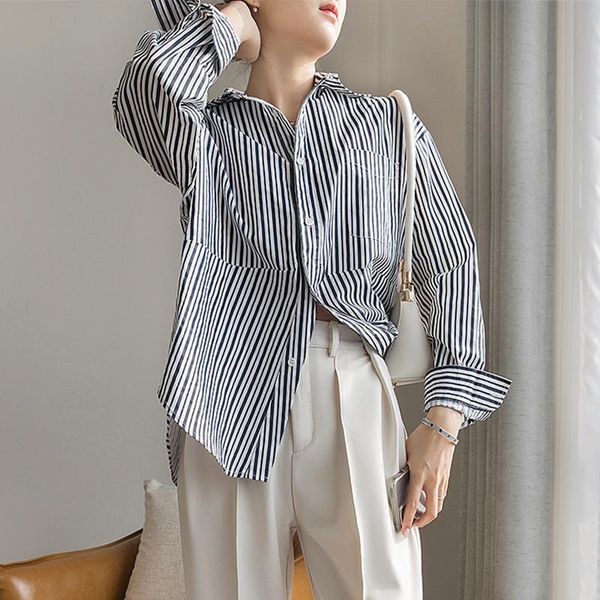 

women's blouses & shirts arrival fashion korean style blouse women spring street striped long sleeve pockets oversized bf simple loose, White