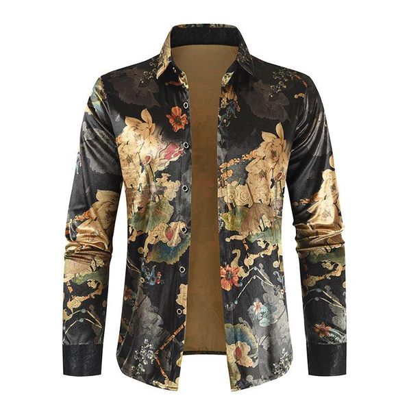 

men's dress shirts 20212021 autumn and winter long sleeve lapel shirt golden velvet fabric printed wear, White;black