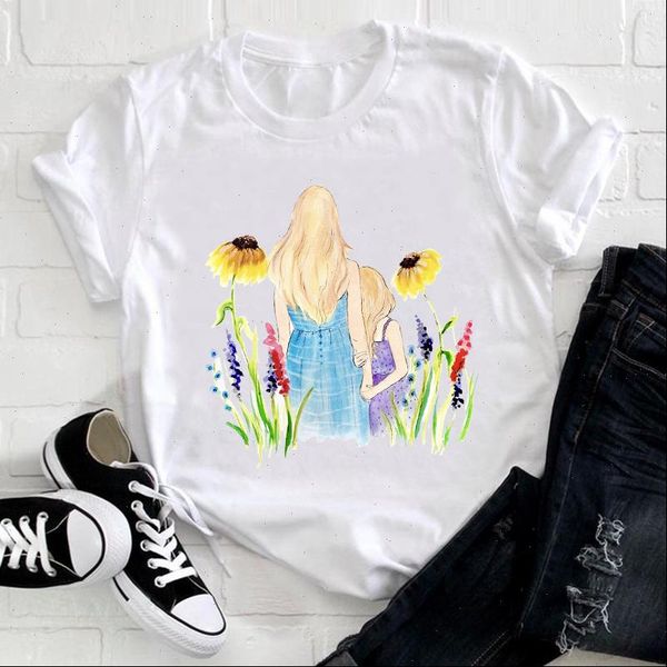 

women t shirt cartoon watercolor girl love sweet fashion 90s mom mama mother clothes print tee tshirt female ladies, White