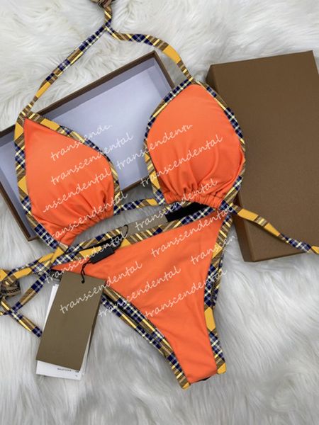 Arrival Women Orange Grid Maiôs Conjunto de Biquínis Moda Verão Praia Estilo Wind Swimwear