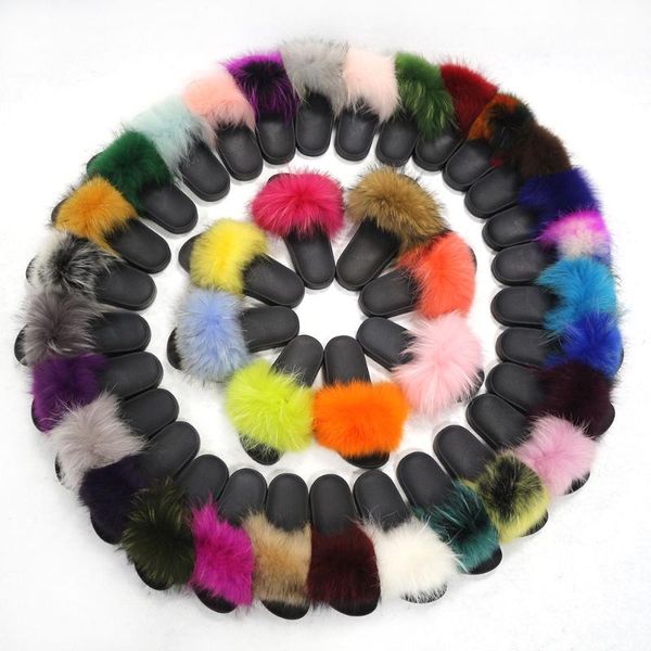 

slippers women with fluffy raccoon fur summer furry indoor&outdoor sandals casual flat solid flip-flops, Black
