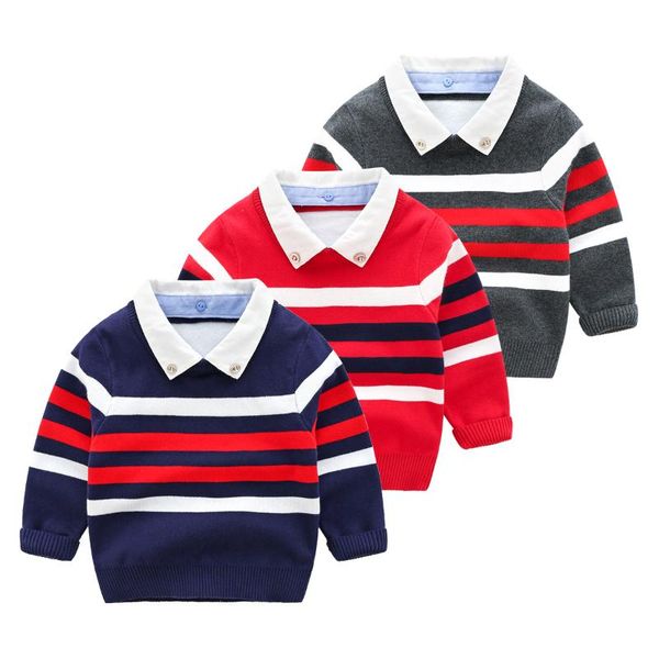 

children's sweater autumn and winter boys' lapel pullover striped fake two-piece plaid, Blue