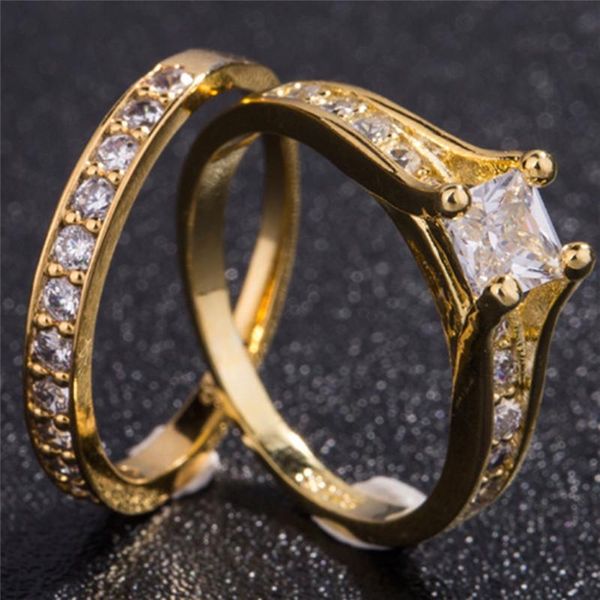 

wedding rings pinksee 2pcs cubic zirconia couple ring gold color for women men lover stainless steel classic jewelry, Slivery;golden