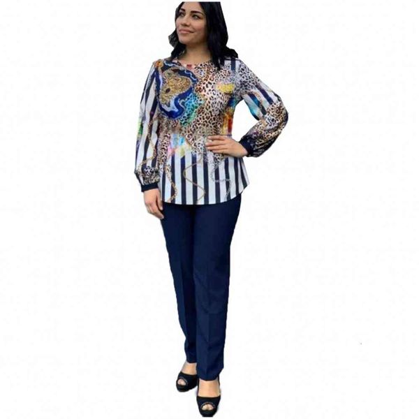 

dress plus size office lady business work outfits women's set leopard striped print long sleeve blouse and pencil pant matching outfit, White