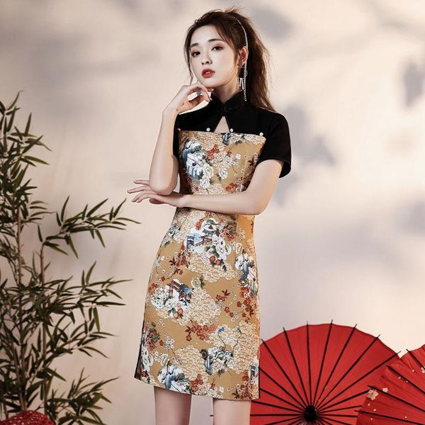 

ethnic clothing summer vestidos improved qipao slim split chinese dresses classic floral printed elegant cheongsams mini oriental gown, Red