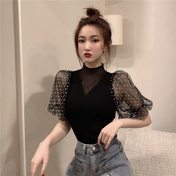 

women's blouses & shirts korean chic summer mesh women ladies fashion harajuku vintage and tulle shirt splicing knitted blusas, White