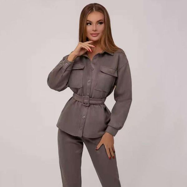 

autumn women's office casual 2 two-piece set 2021 double pocket belt long sleeve + high waist pants suit tracksuits, Gray