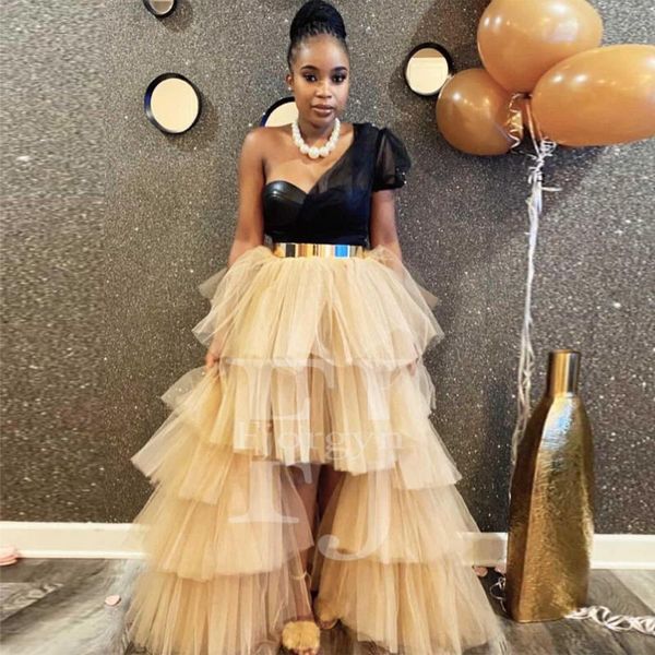 

chic high low beige tiered tutu skirts women for party ruffles long female skirt custom made tulle pography, Black