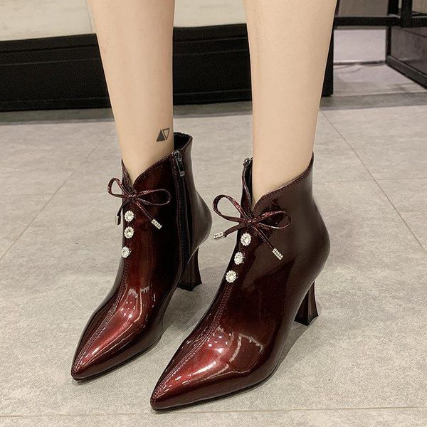 

boots women's shoes fashion zipper ankle heel pointed toe pu patent leather autumn women square, Black
