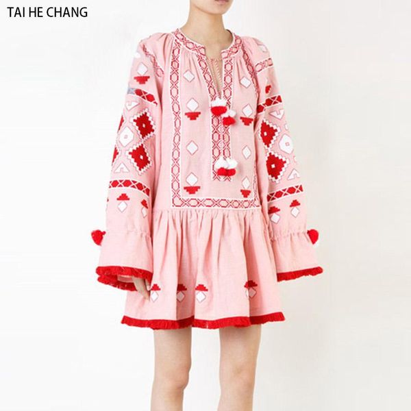 

casual dresses women high-end vestidos elegant vintage bohemian runway pink floral embroidery full flare sleeve mini loose dress, Black;gray