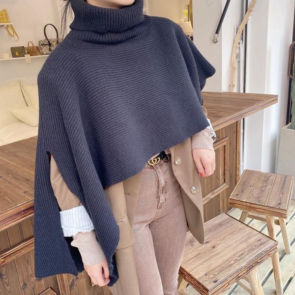 

scarves autumn and winter high collar ins shawl korean fashion loose slit cape knitted women's, Blue;gray