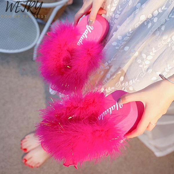 

2021 fur flat shoes women home fluffy sliders comfort with feathers furry summer flats sweet ladies slippers, Black