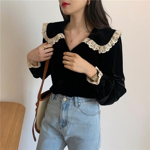 

uego korea style velvet lace chic sweet girl's casual blouse shirts women autumn winter spring vintage basic loose women's blouses, White