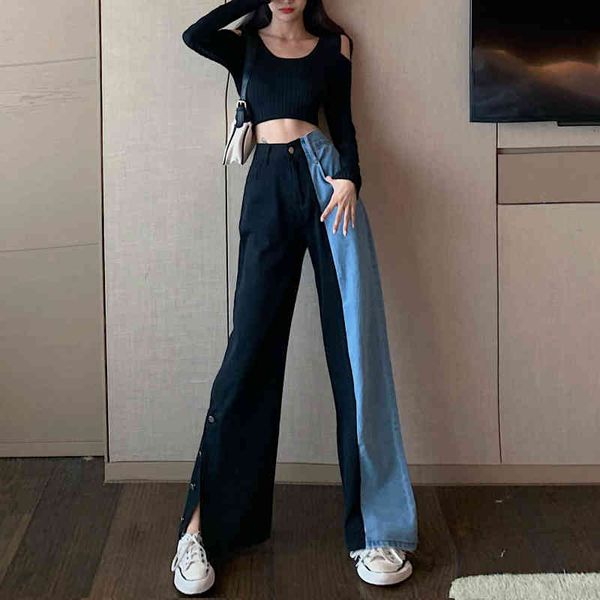 

women's jeans contrast color seam high waist breech women's spring loose fit long, black leg denim pants aiup, Blue