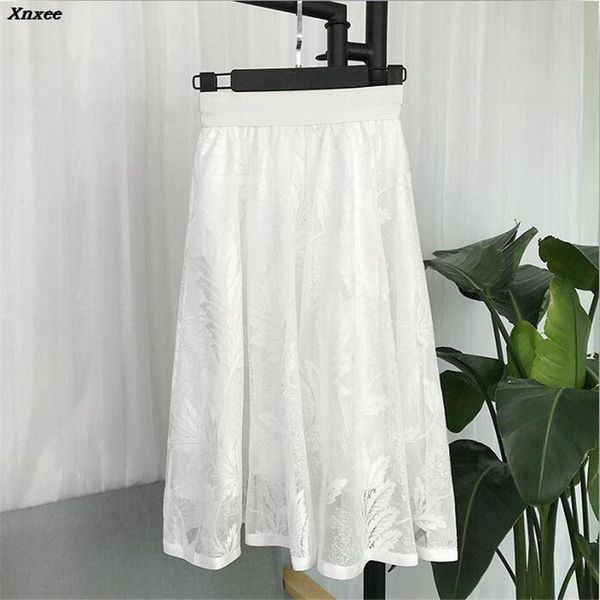 

skirts 2021 spring summer women black skirt korean elastic high waist lace sweet mesh tulle elegant falda xnxee