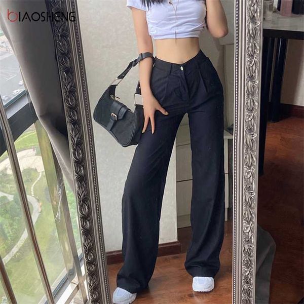 

women's pants capris high waist trouser suits fashion loose flare wide leg full length female casual straight 211118, Black;white