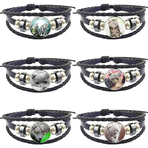 

charm bracelets for women steampunk style jewelry with glass cabochon statement black leather bracelet bangle grey kitty cat, Golden;silver