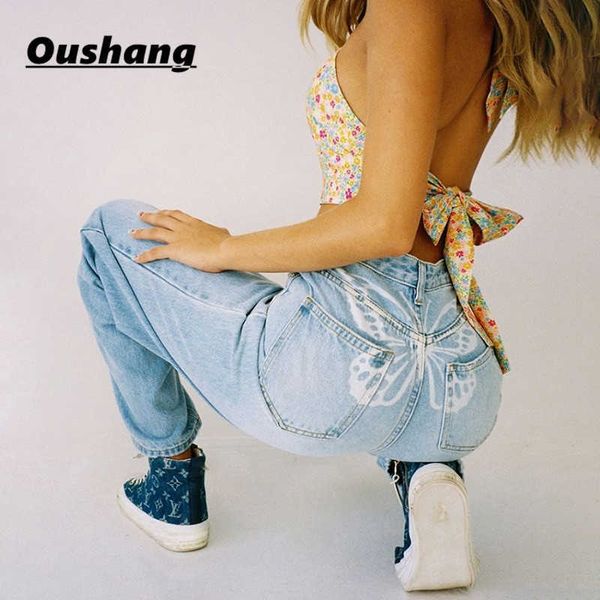 

oushang jeans women baggy harajuku straight leg casual high waist y2k pants streetwear denim cotton trouser 210708, Blue