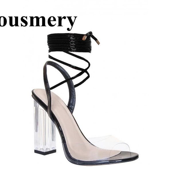 

selling women fashion open toe pvc lace-up thick heel sandals black nude pink crystal wedding dress shoes