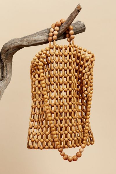 

handbag antique ins hand woven bag from natural wooden bead bamboo beach, Black;red