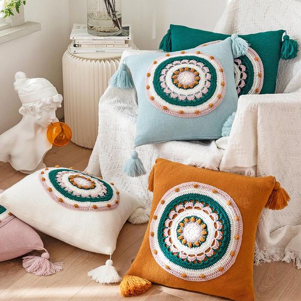 

cushion/decorative pillow floral cuhion cover 45x45cm cove pink cream yellow green tassels acrylic knit home decoration case for sofa bed